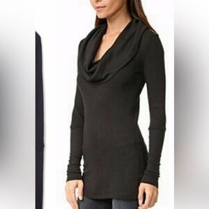 Splendid Women's Thermal Cowl Neck Tunic Top Black Waffle Knit Small